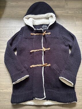 Zara | Knit Gray Hooded Chunky Knit Toggle Cardigan Sherpa Lining Size L